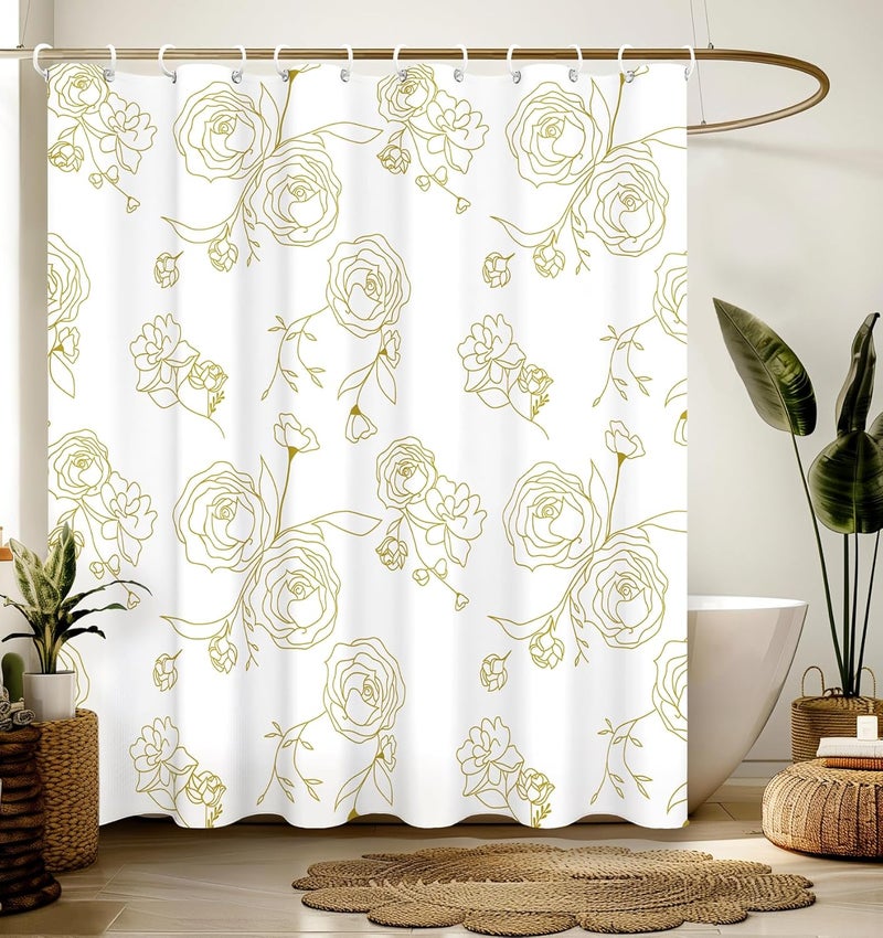 Stanoha Shower Curtain for Bathroom Stall Boho Modern Cute Aesthetic Decorative Girly Waterproof Unique White and Gold Rose Girls Flower Design Teen Pretty Women Cortinas de Baño Bathtub 72 x72 Inch - Image 1